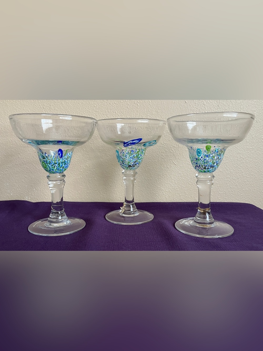 Set of 3 Global Amici HARLEQUIN II Margarita Glasses Mosaic Blown Glasses